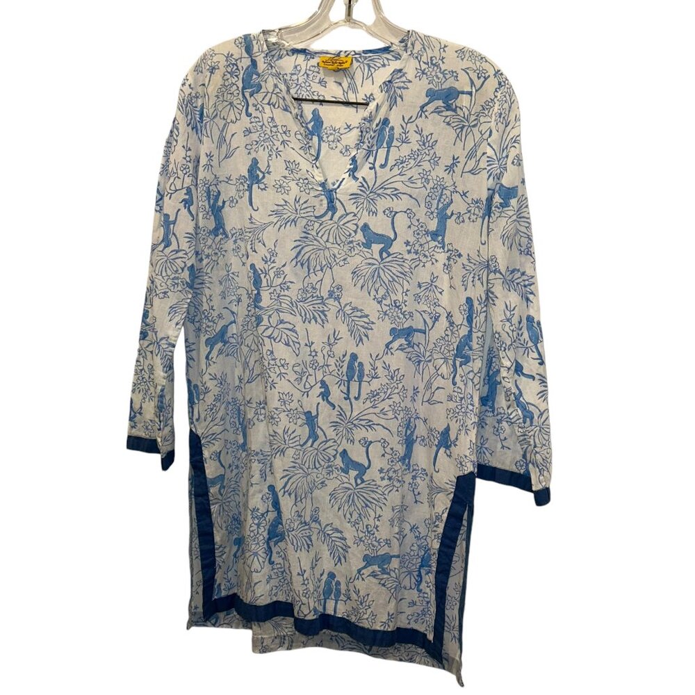 Roberta Roller Rabbit blue white Monkeys playing in trees cotton tunic t…
